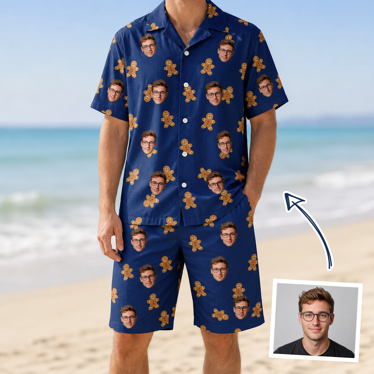 Man wearing Men's Cookie Kringle Custom Face Shirt & Shorts Set — custom faces printed all-over