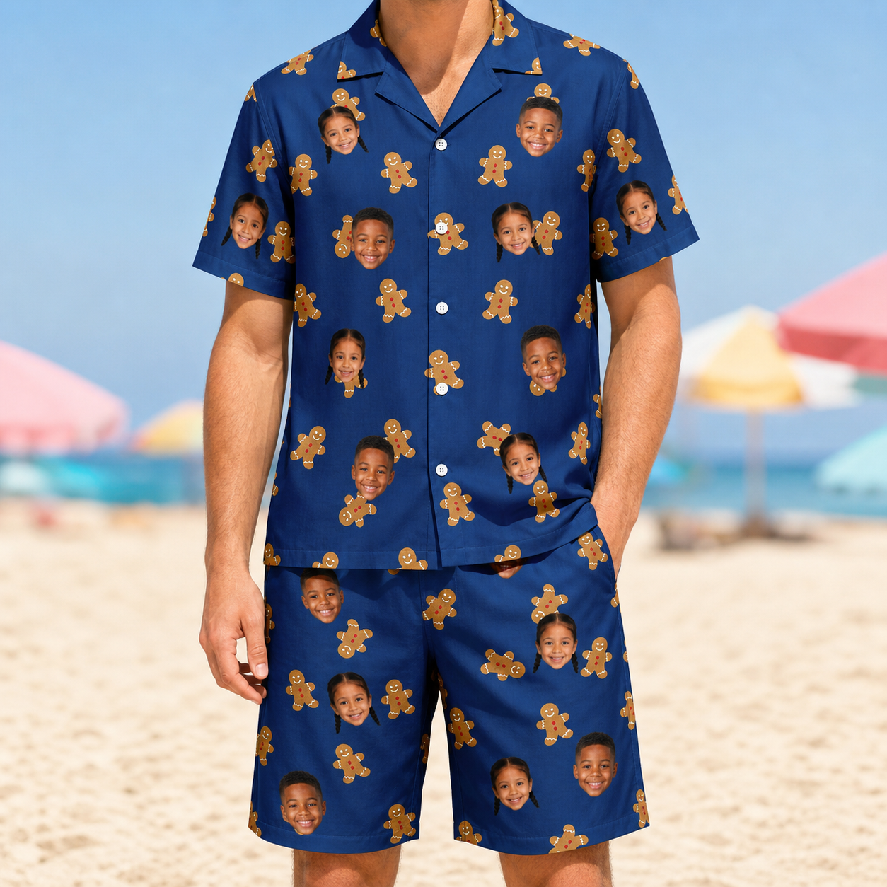 Model wearing Men's Cookie Kringle Custom Face Shirt & Shorts Set printed with kids' faces