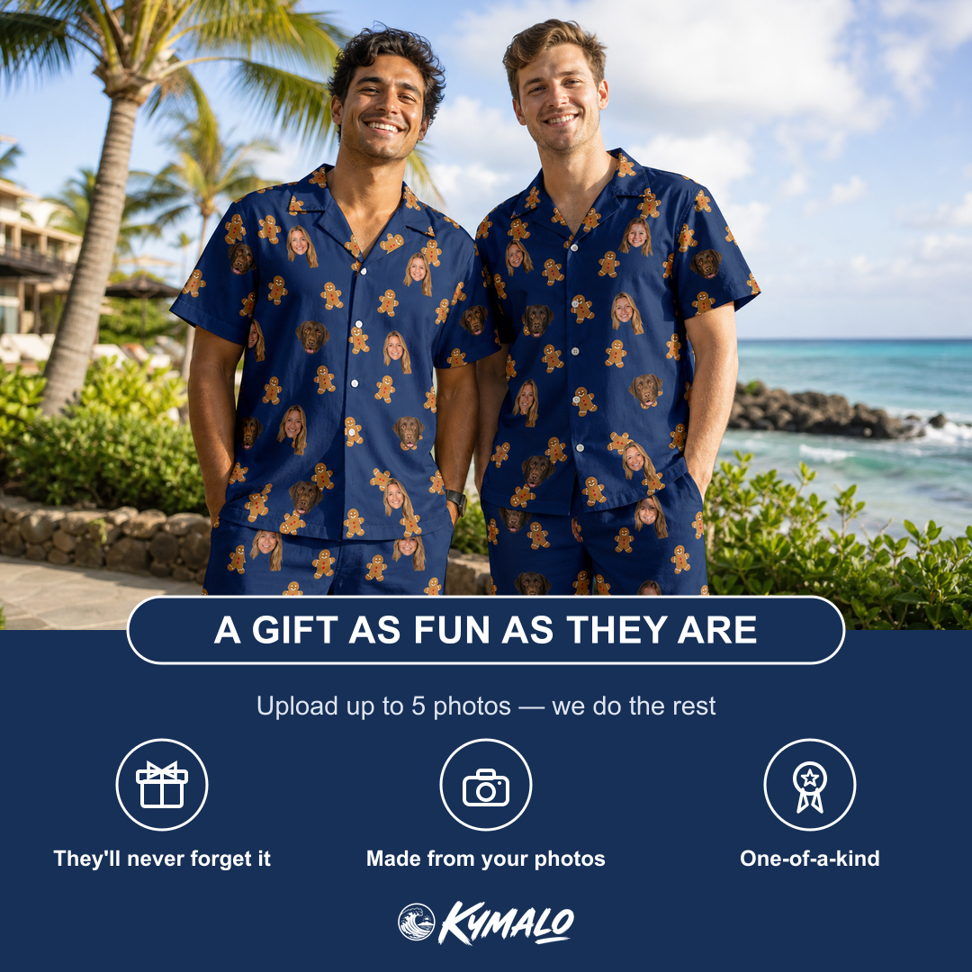 Friends in matching Men's Cookie Kringle Custom Face Shirt & Shorts Set — a group gift photo