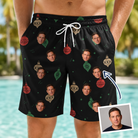Man wearing Men's Cranberry Charms Custom Face Beach Shorts — custom faces printed all-over