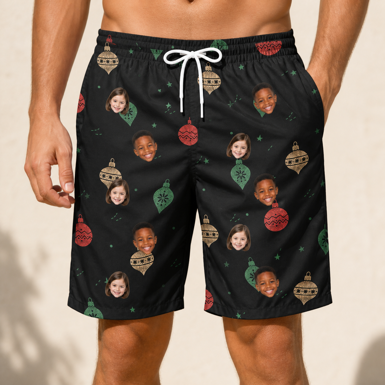 Model wearing Men's Cranberry Charms Custom Face Beach Shorts printed with kids' faces