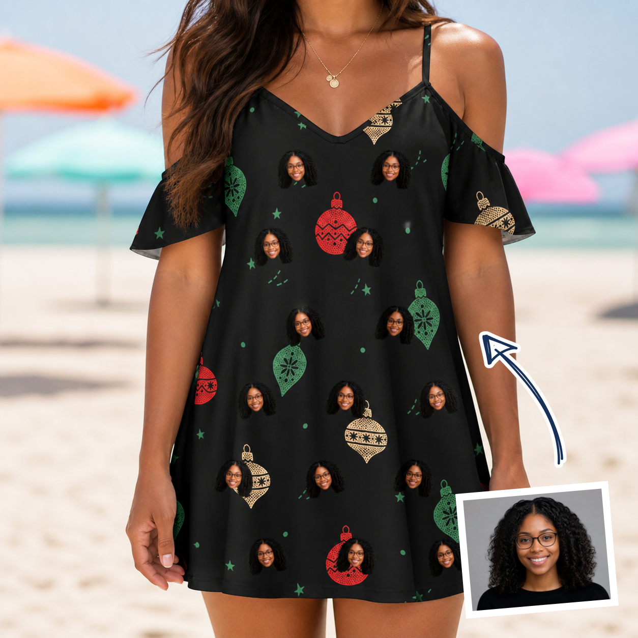 Woman wearing Women's Cranberry Charms Custom Face Off-Shoulder Dress — custom faces printed all-over
