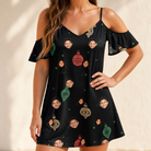 Model wearing Women's Cranberry Charms Custom Face Off-Shoulder Dress printed with kids' faces