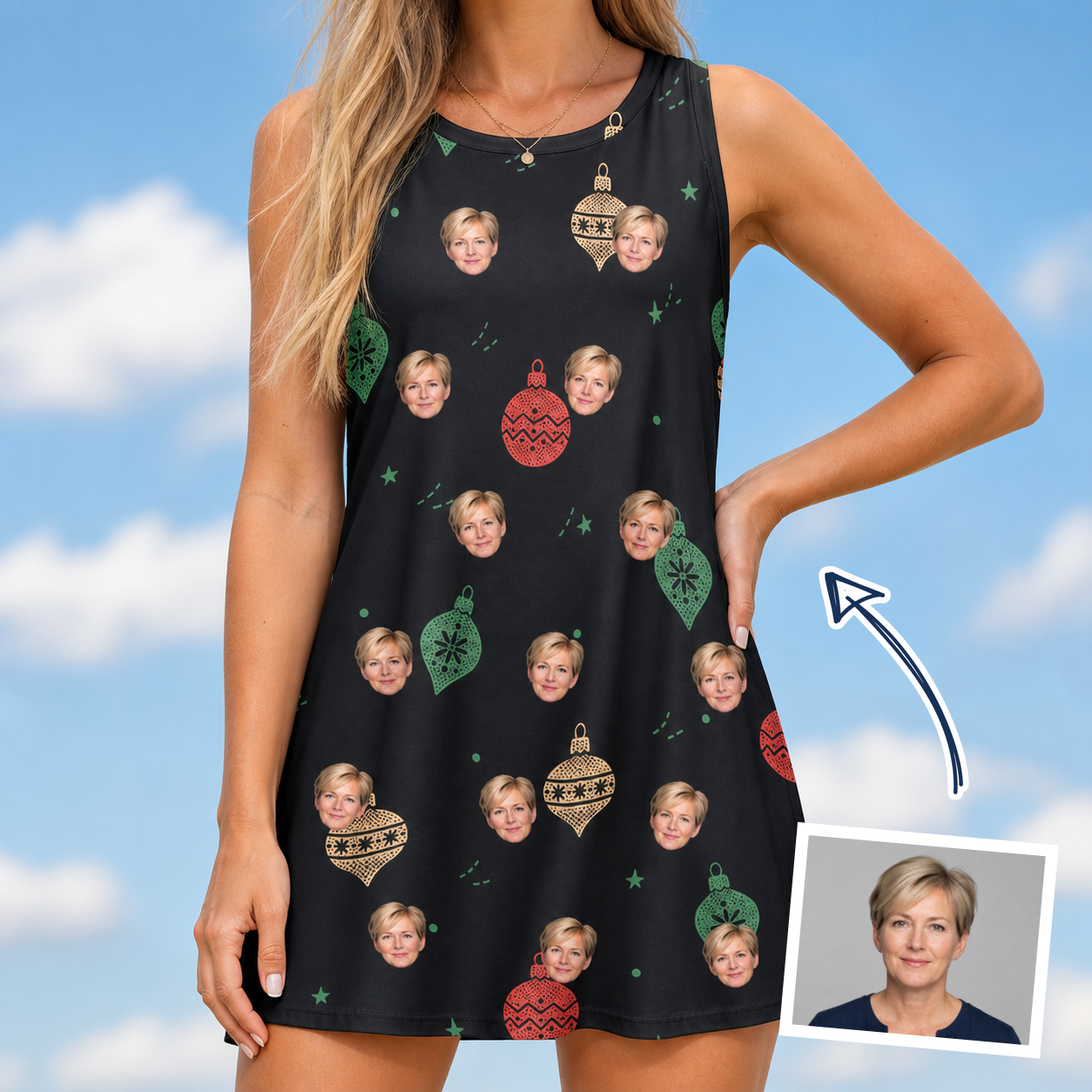 Woman wearing Women's Cranberry Charms Custom Face Tank Dress — custom faces printed all-over