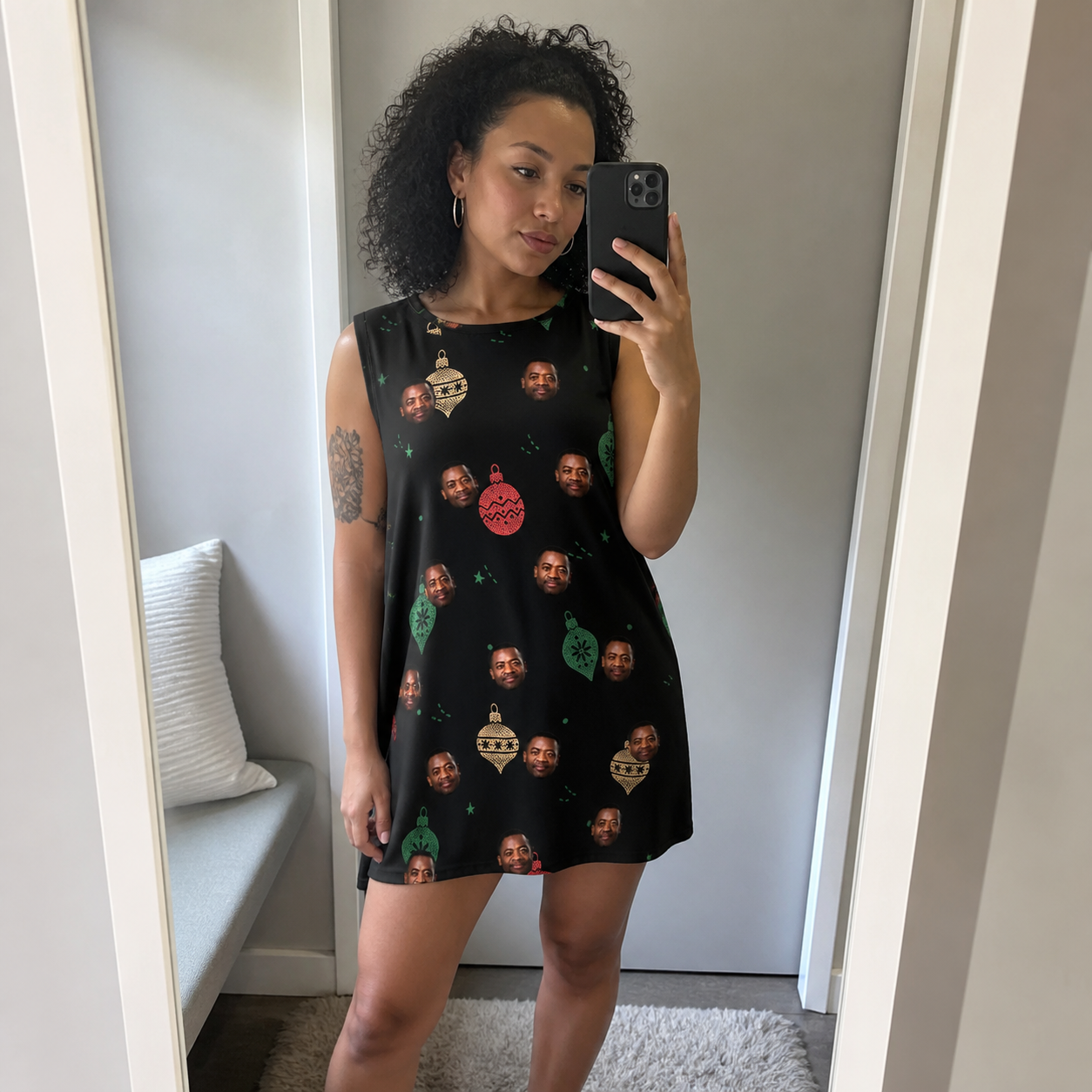 Real-life photo of someone wearing Women's Cranberry Charms Custom Face Tank Dress — custom faces printed all-over