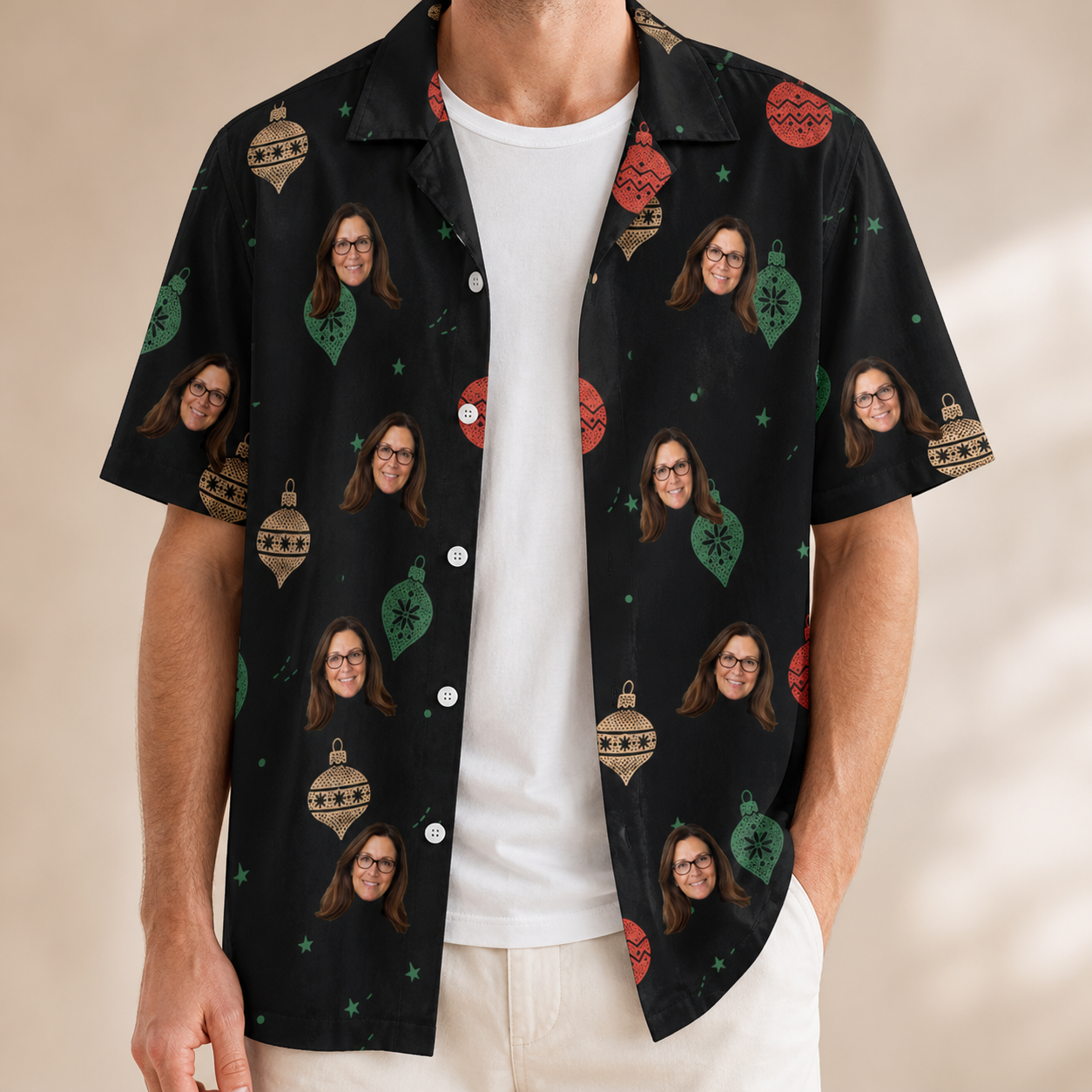 Man wearing Men's Cranberry Charms Custom Face Hawaiian Shirt open over a white tee