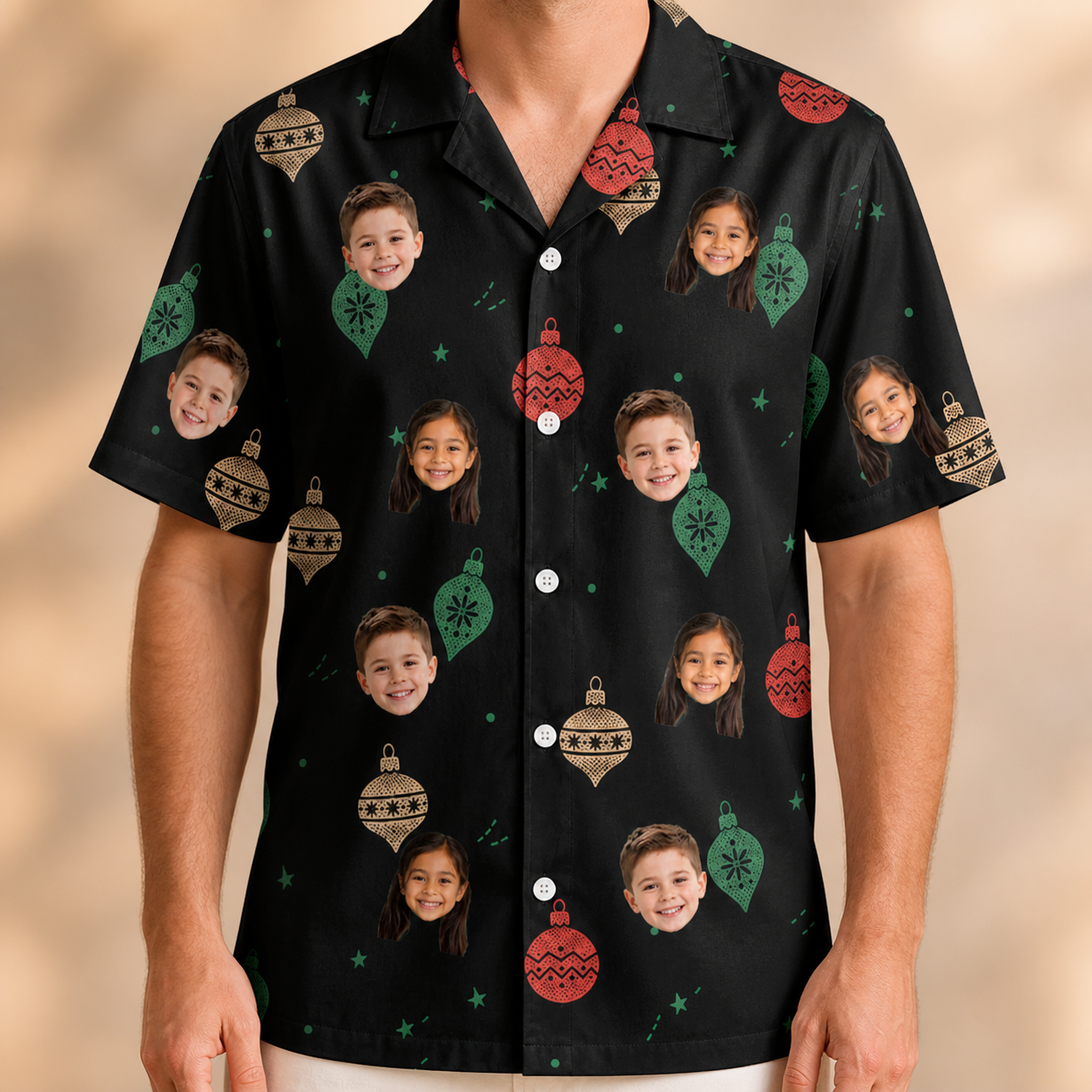Model wearing Men's Cranberry Charms Custom Face Hawaiian Shirt printed with kids' faces