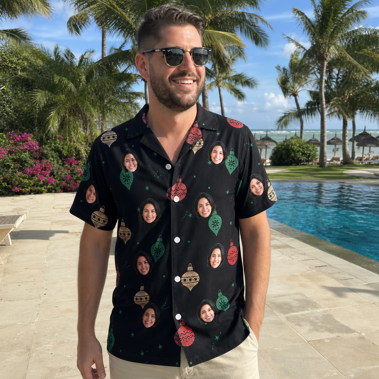 Real-life photo of someone wearing Men's Cranberry Charms Custom Face Hawaiian Shirt — custom faces printed all-over