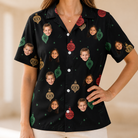 Model wearing Women's Cranberry Charms Custom Face Hawaiian Shirt printed with kids' faces