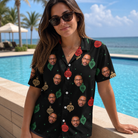 Real-life photo of someone wearing Women's Cranberry Charms Custom Face Hawaiian Shirt — custom faces printed all-over