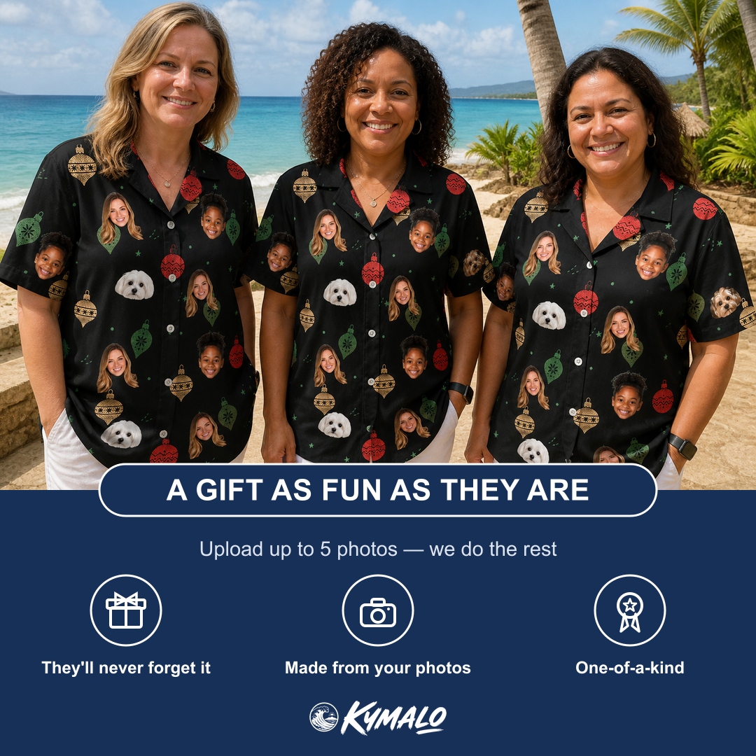 Friends in matching Women's Cranberry Charms Custom Face Hawaiian Shirt — a group gift photo