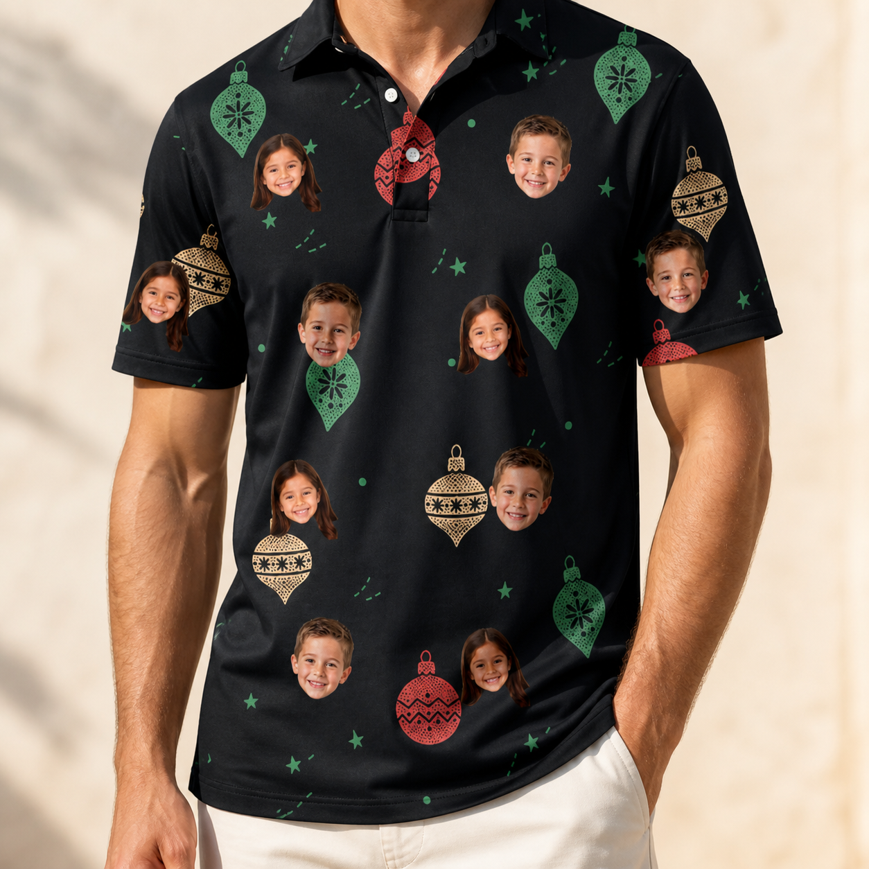 Model wearing Men's Cranberry Charms Custom Face Polo Shirt printed with kids' faces