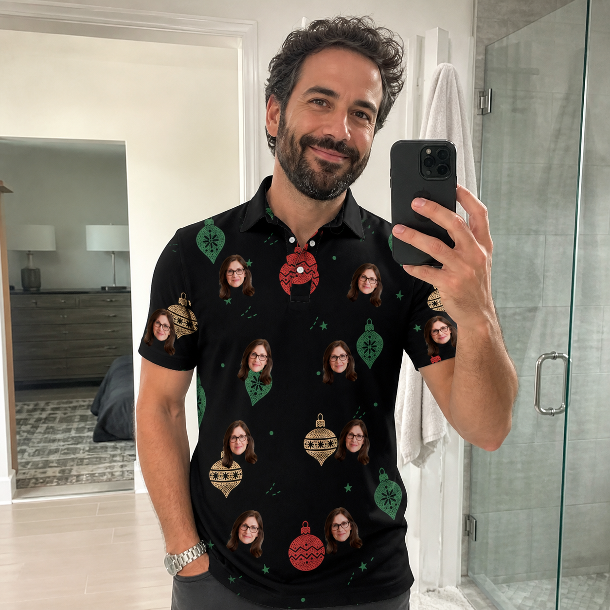 Real-life photo of someone wearing Men's Cranberry Charms Custom Face Polo Shirt — custom faces printed all-over