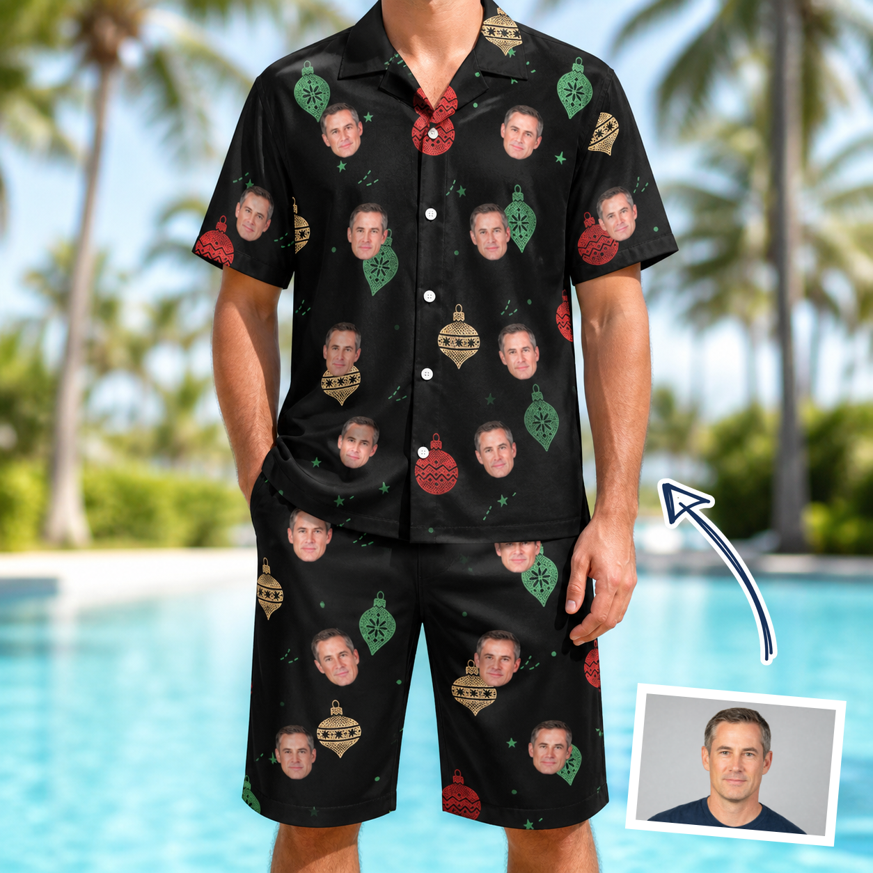Man wearing Men's Cranberry Charms Custom Face Shirt & Shorts Set — custom faces printed all-over