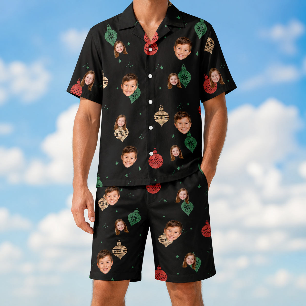 Model wearing Men's Cranberry Charms Custom Face Shirt & Shorts Set printed with kids' faces