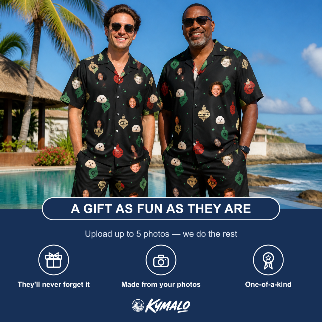 Friends in matching Men's Cranberry Charms Custom Face Shirt & Shorts Set — a group gift photo