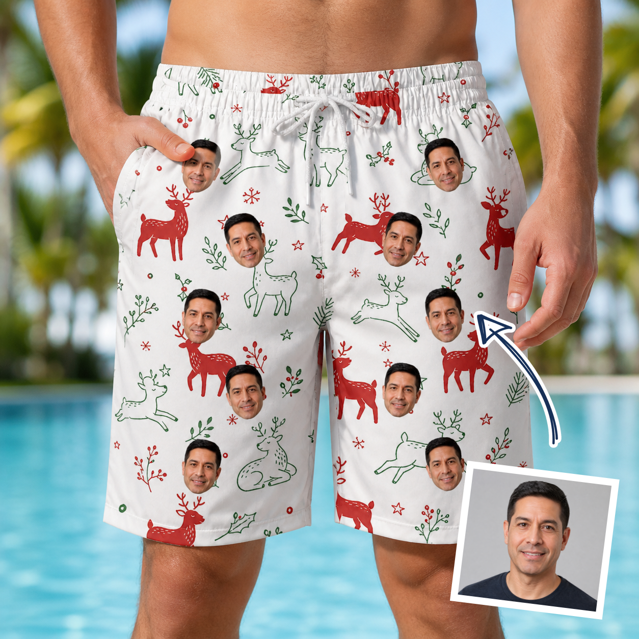Man wearing Men's Rudolph Ruckus Custom Face Beach Shorts — custom faces printed all-over