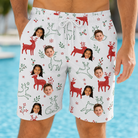 Model wearing Men's Rudolph Ruckus Custom Face Beach Shorts printed with kids' faces