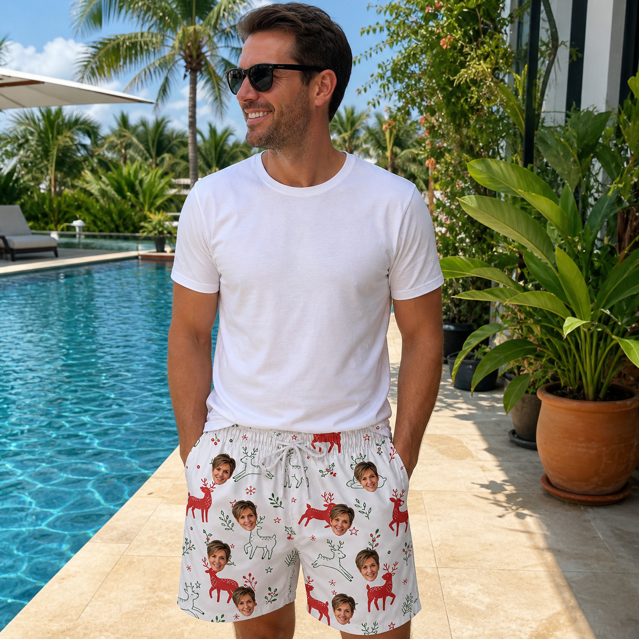 Real-life photo of someone wearing Men's Rudolph Ruckus Custom Face Beach Shorts — custom faces printed all-over