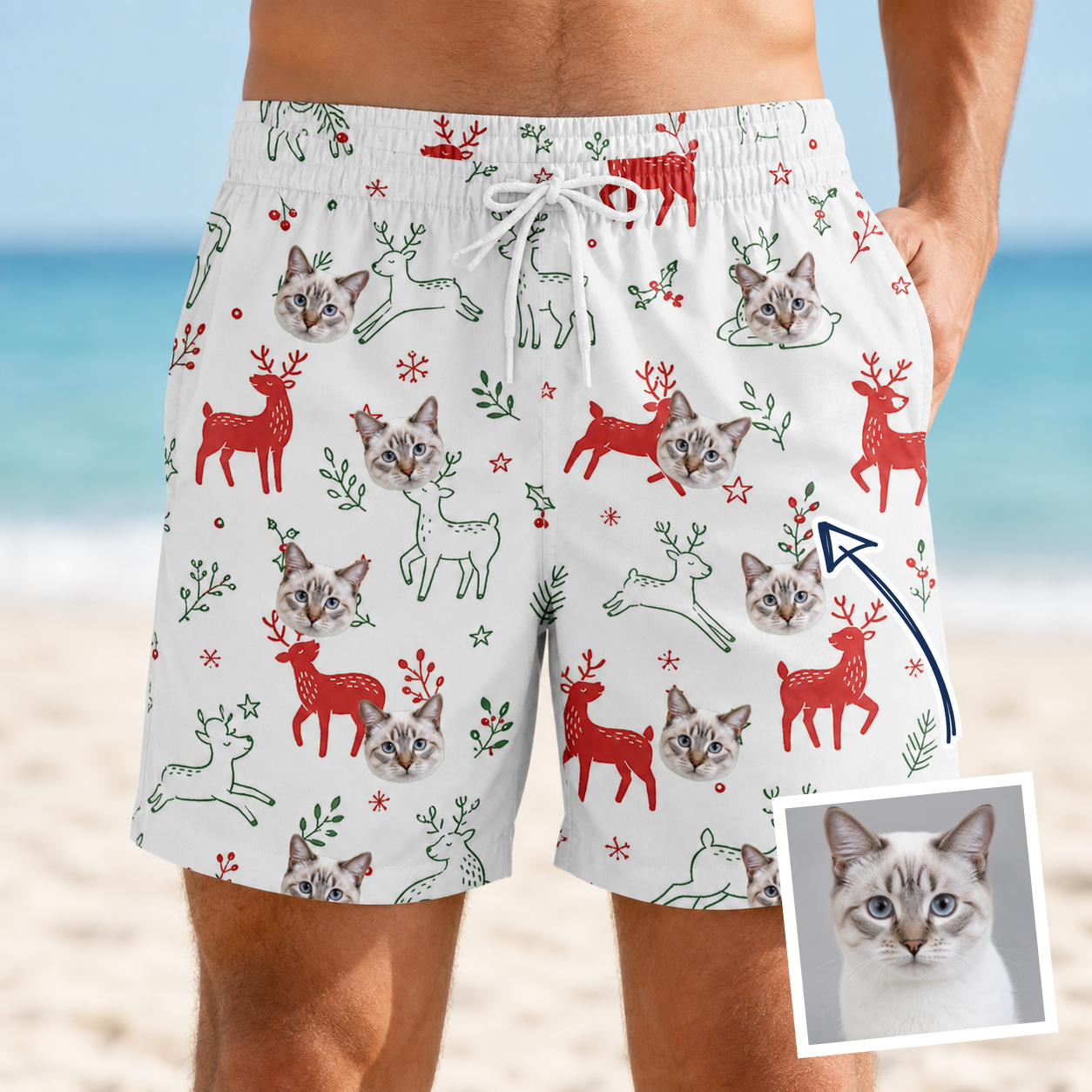 Man wearing Men's Rudolph Ruckus Custom Cat Face Beach Shorts — custom faces printed all-over
