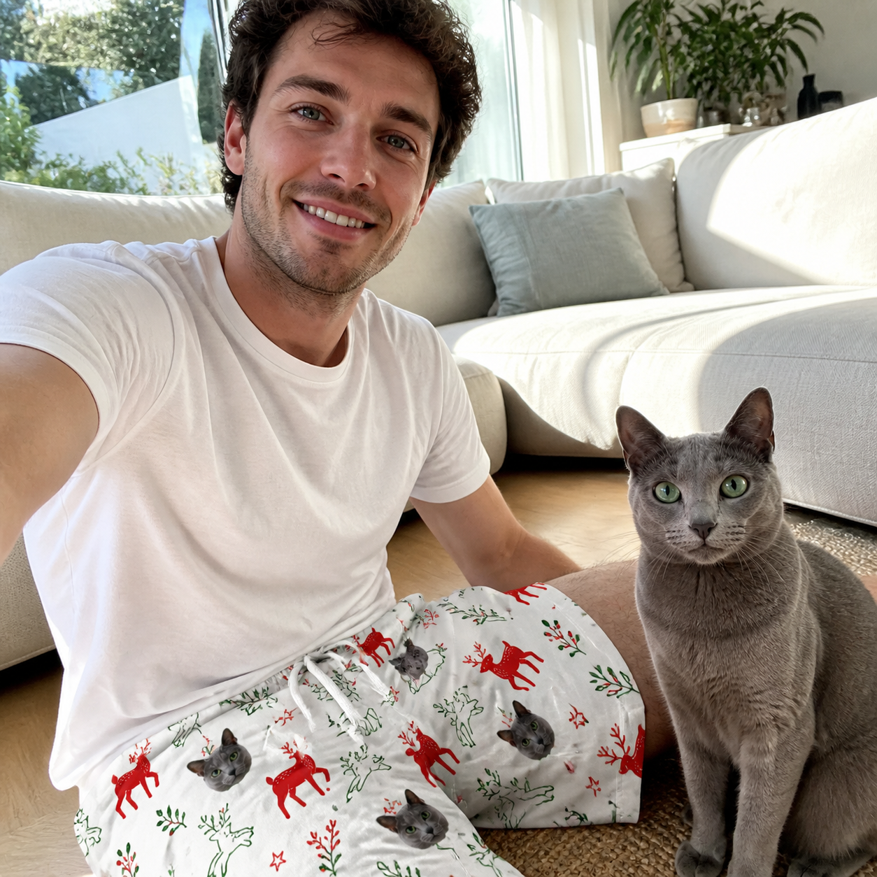 Selfie with the pet whose face is printed all over this Men's Rudolph Ruckus Custom Cat Face Beach Shorts
