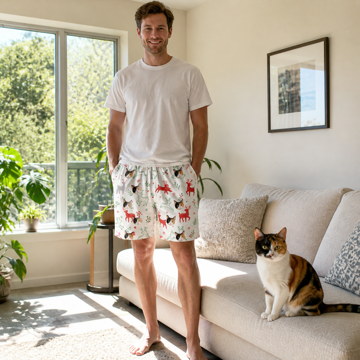 Full-length photo with the pet printed all over this Men's Rudolph Ruckus Custom Cat Face Beach Shorts