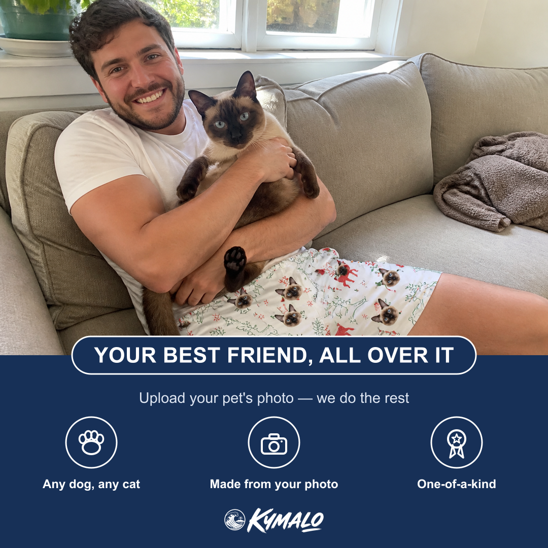 Friends in matching Men's Rudolph Ruckus Custom Cat Face Beach Shorts — a group gift photo