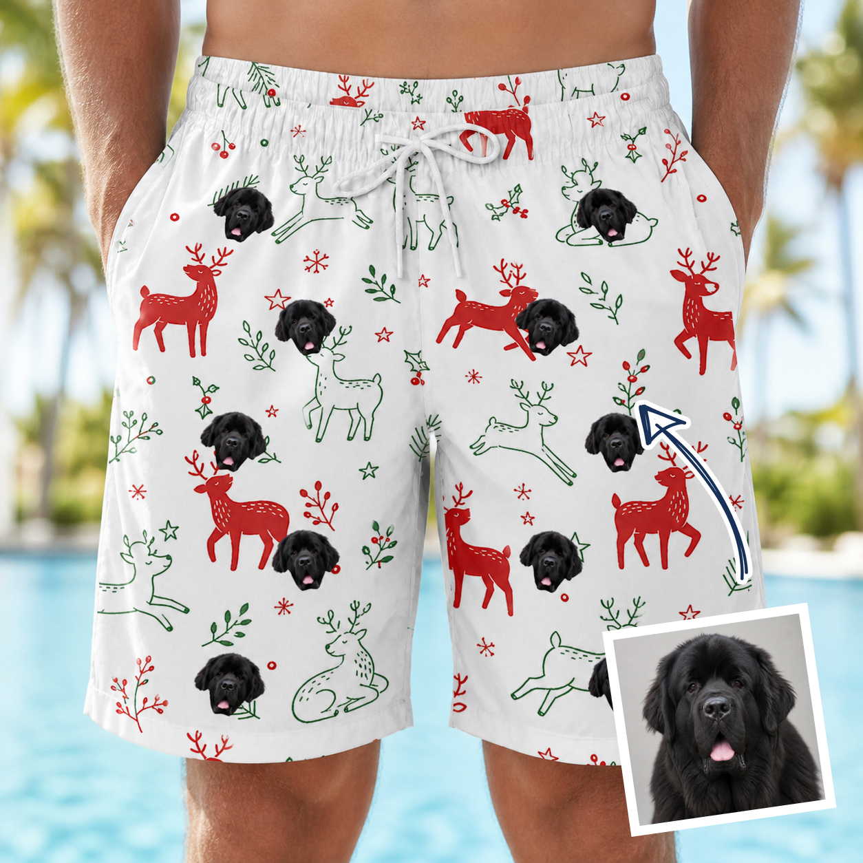 Man wearing Men's Rudolph Ruckus Custom Dog Face Beach Shorts — custom faces printed all-over