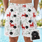 Man wearing Men's Rudolph Ruckus Custom Dog Face Beach Shorts — custom faces printed all-over