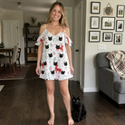 Full-length photo with the pet printed all over this Women's Rudolph Ruckus Custom Cat Face Off-Shoulder Dress