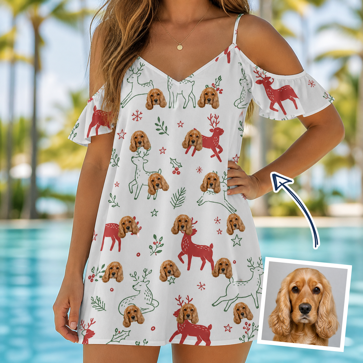 Woman wearing Women's Rudolph Ruckus Custom Dog Face Off-Shoulder Dress — custom faces printed all-over