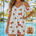Woman wearing Women's Rudolph Ruckus Custom Dog Face Off-Shoulder Dress — custom faces printed all-over