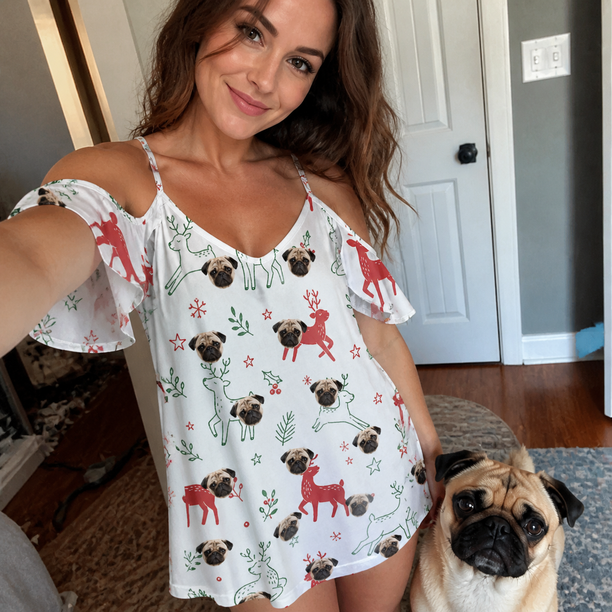Selfie with the pet whose face is printed all over this Women's Rudolph Ruckus Custom Dog Face Off-Shoulder Dress