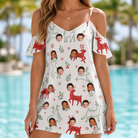 Model wearing Women's Rudolph Ruckus Custom Face Off-Shoulder Dress printed with kids' faces