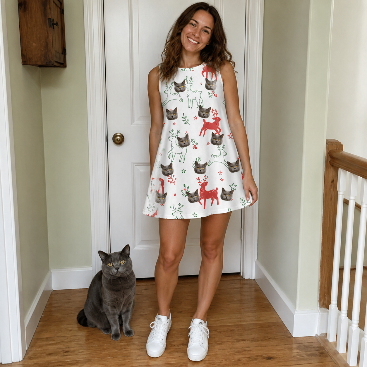 Full-length photo with the pet printed all over this Women's Rudolph Ruckus Custom Cat Face Tank Dress