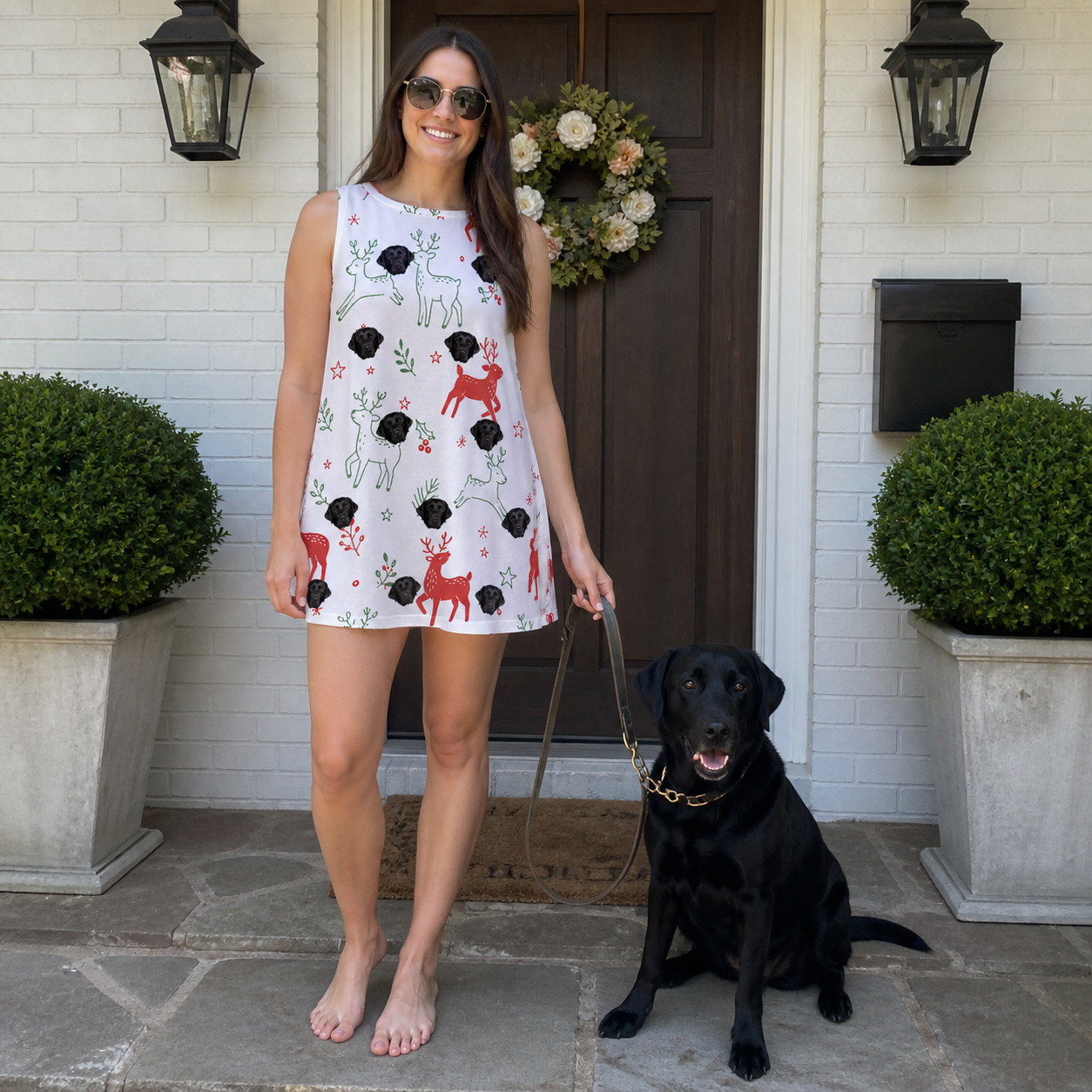 Full-length photo with the pet printed all over this Women's Rudolph Ruckus Custom Dog Face Tank Dress