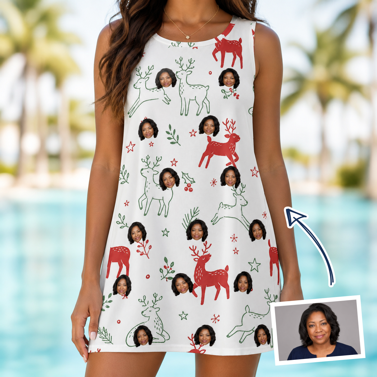 Woman wearing Women's Rudolph Ruckus Custom Face Tank Dress — custom faces printed all-over