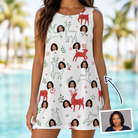 Woman wearing Women's Rudolph Ruckus Custom Face Tank Dress — custom faces printed all-over