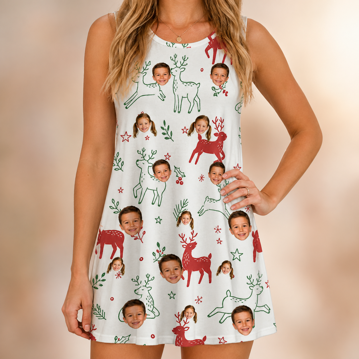 Model wearing Women's Rudolph Ruckus Custom Face Tank Dress printed with kids' faces