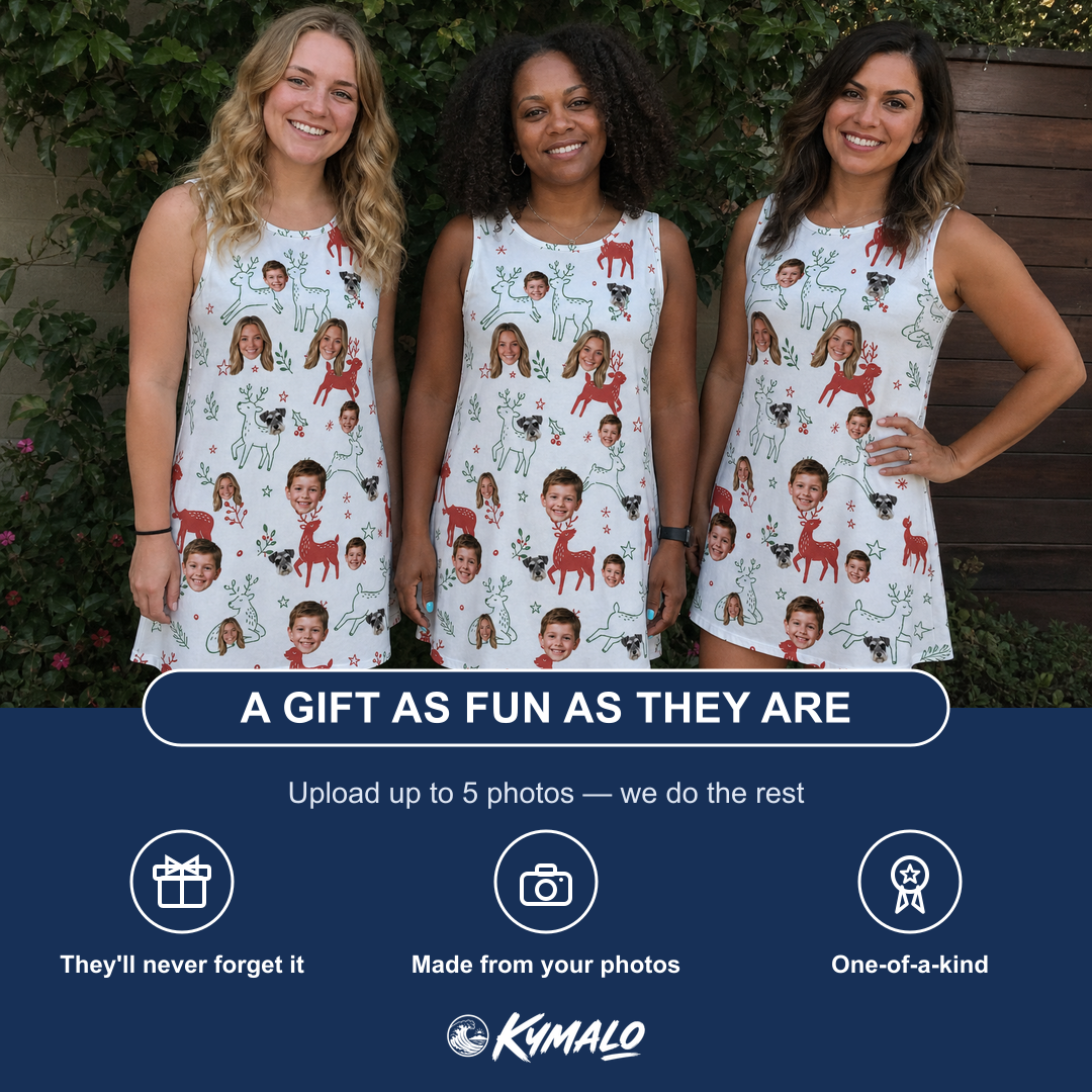 Friends in matching Women's Rudolph Ruckus Custom Face Tank Dress — a group gift photo