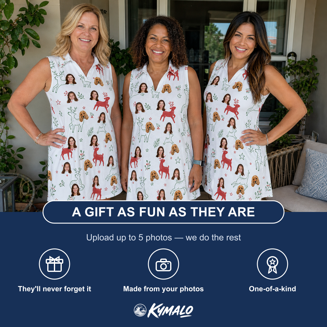 Friends in matching Women's Rudolph Ruckus Custom Face V-Neck Dress — a group gift photo