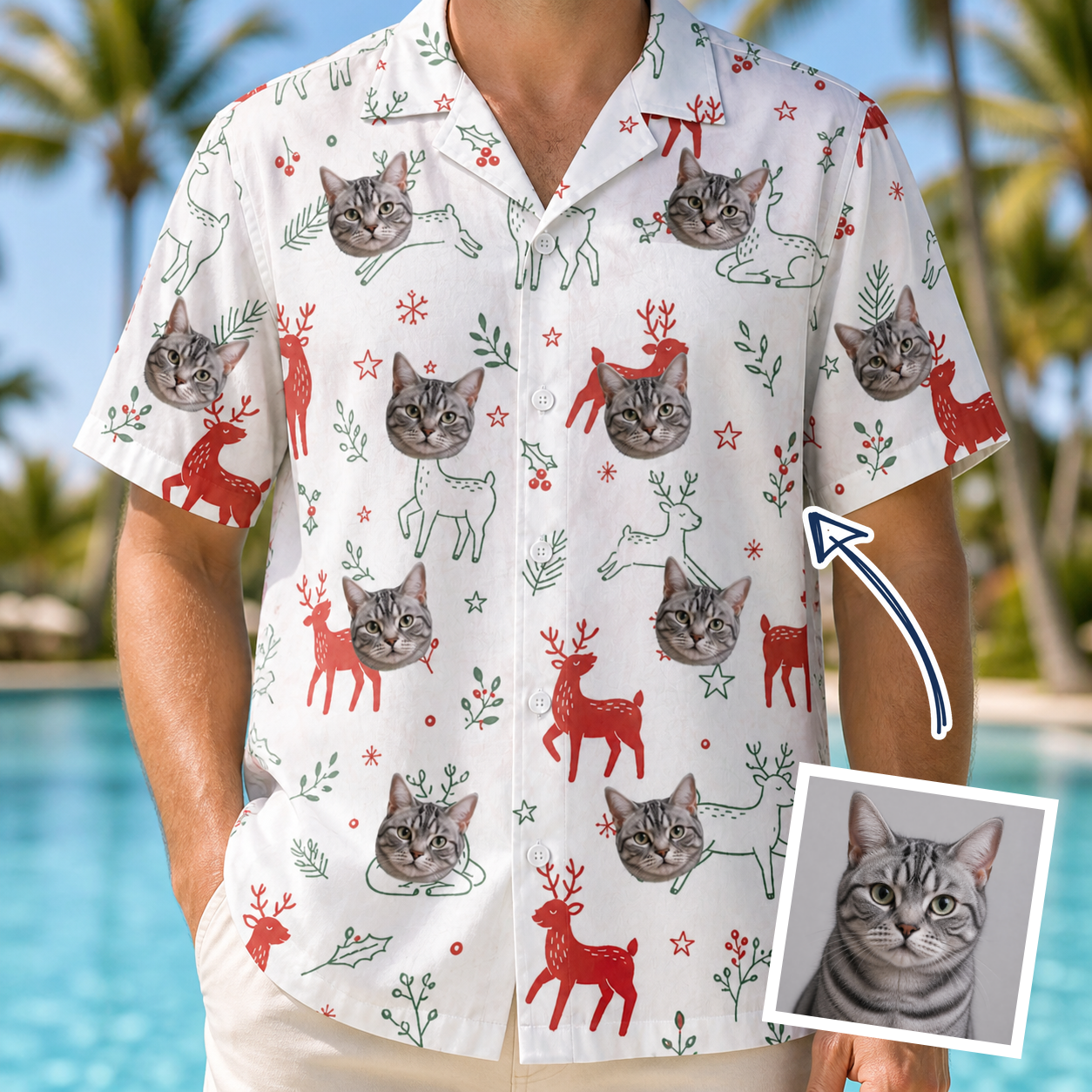 Man wearing Men's Rudolph Ruckus Custom Cat Face Hawaiian Shirt — custom faces printed all-over