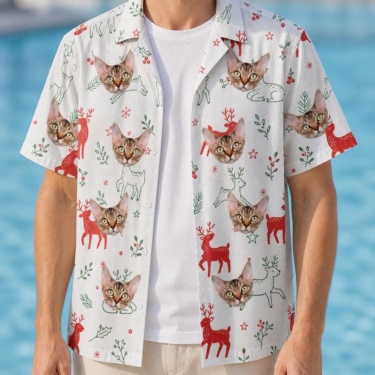 Man wearing Men's Rudolph Ruckus Custom Cat Face Hawaiian Shirt open over a white tee