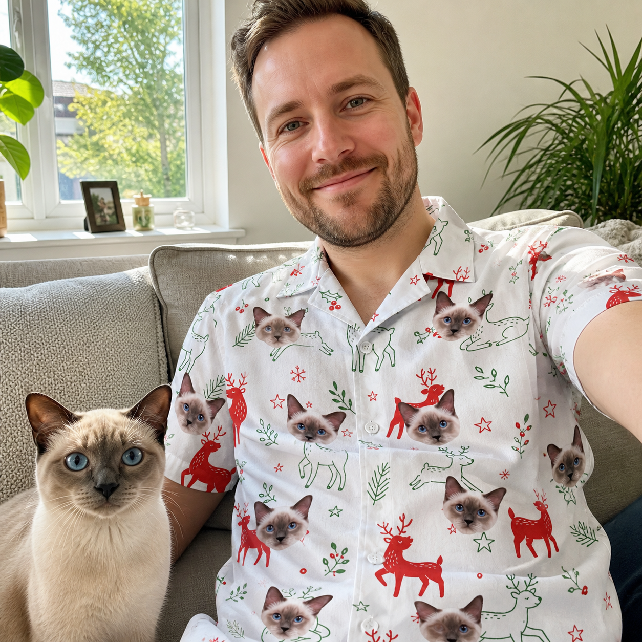 Selfie with the pet whose face is printed all over this Men's Rudolph Ruckus Custom Cat Face Hawaiian Shirt