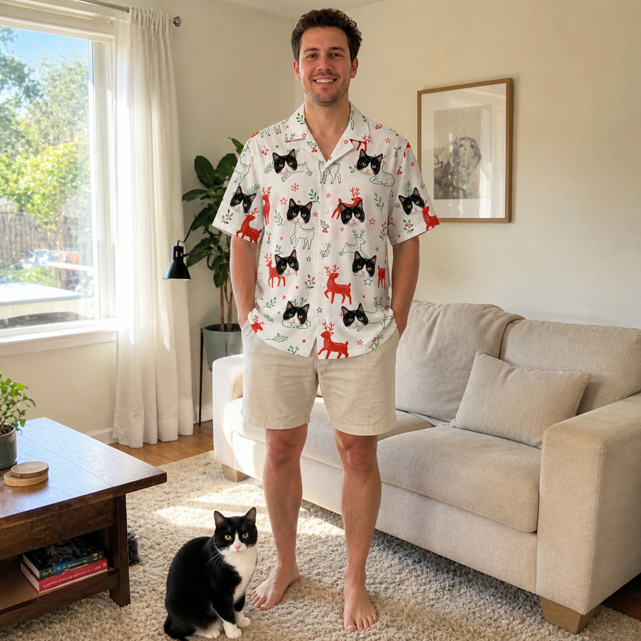 Full-length photo with the pet printed all over this Men's Rudolph Ruckus Custom Cat Face Hawaiian Shirt
