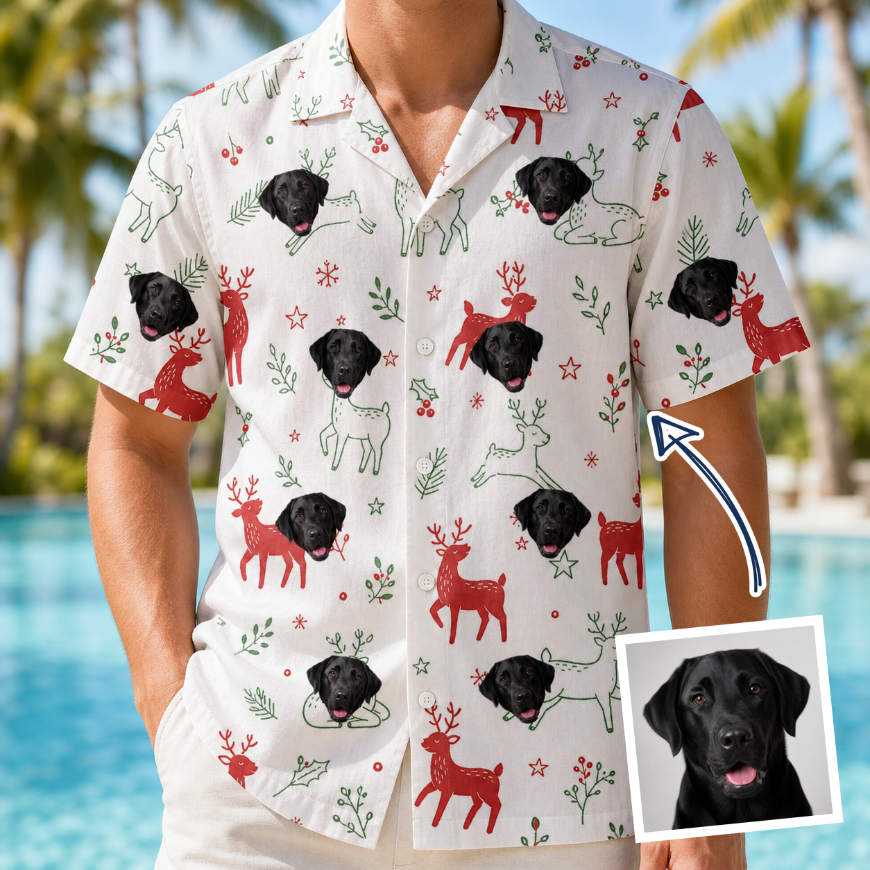 Man wearing Men's Rudolph Ruckus Custom Dog Face Hawaiian Shirt — custom faces printed all-over