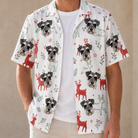 Man wearing Men's Rudolph Ruckus Custom Dog Face Hawaiian Shirt open over a white tee