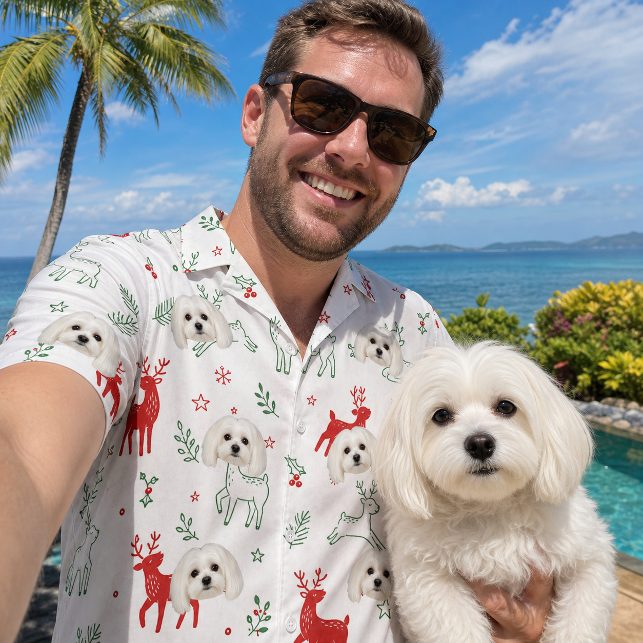 Selfie with the pet whose face is printed all over this Men's Rudolph Ruckus Custom Dog Face Hawaiian Shirt