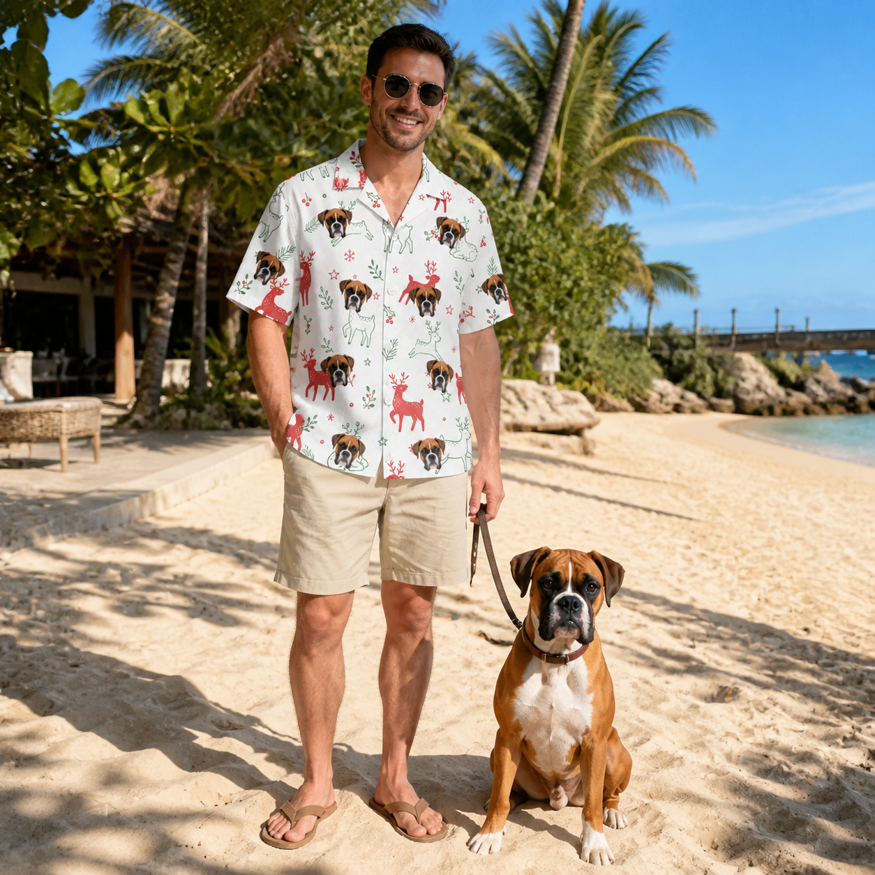 Full-length photo with the pet printed all over this Men's Rudolph Ruckus Custom Dog Face Hawaiian Shirt