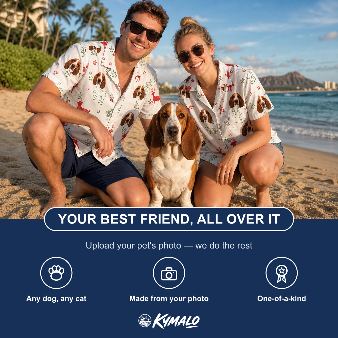 Friends in matching Men's Rudolph Ruckus Custom Dog Face Hawaiian Shirt — a group gift photo